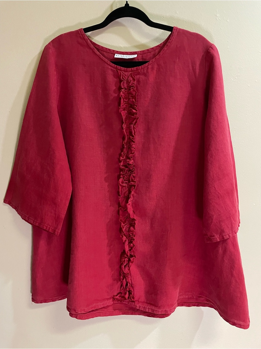 Bryn Walker 100% Linen Red Ruffle Front Blouse XL – 3/4 Sleeve Tunic Made in USA